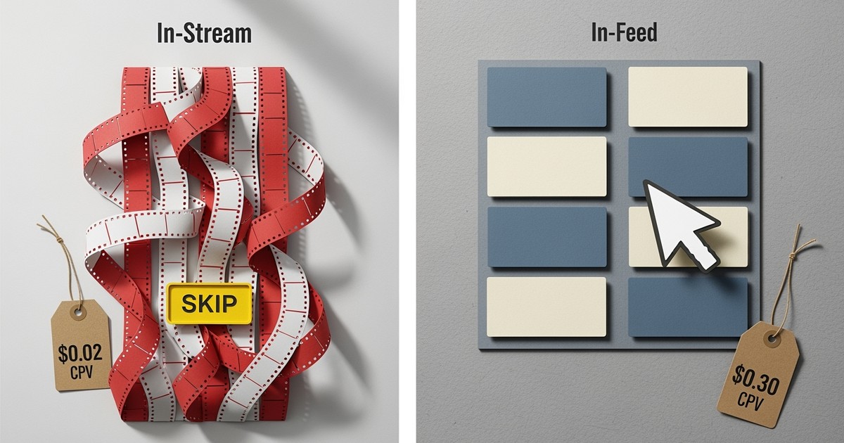 A tactile paper craft illustration comparing a flowing waterfall of red film strips labeled $0.02 CPV against a static grid of blue