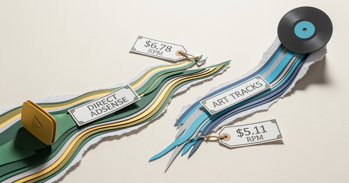 Paper craft illustration showing two rivers of paper strips: a wide golden stream labeled "$6.78 RPM" and a narrower silver stream labeled