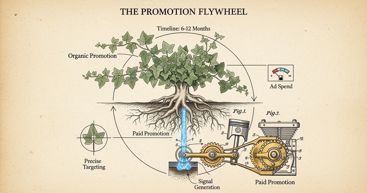 Vintage scientific illustration of a hybrid machine-plant system where brass gears labeled PAID power a lush vine labeled ORGANIC on