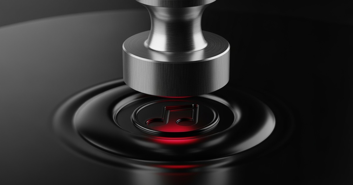 Macro shot of a machined steel stamp pressing a musical note icon into a pool of molten black vinyl, illuminated by a sharp red laser rim