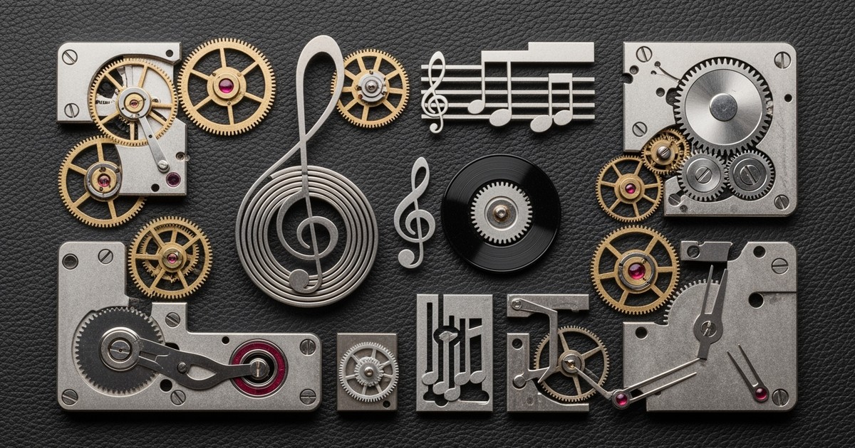 Top-down knolling photography of a disassembled mechanical watch movement where gears and springs are shaped like musical notes and vinyl
