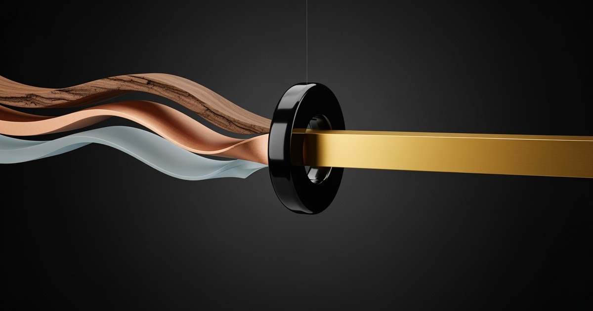 Three textured ribbons of wood, copper, and acrylic flowing through a dark ring and merging into a single polished gold beam.