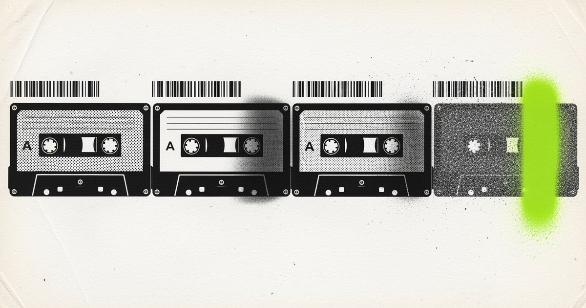 A gritty xerographic art collage showing a row of cassette tapes degrading from crisp black-and-white images into abstract noise and ink
