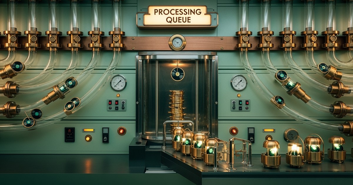 A retro-futuristic pneumatic tube system with clear pipes carrying brass canisters containing miniature vinyl records, queued at a