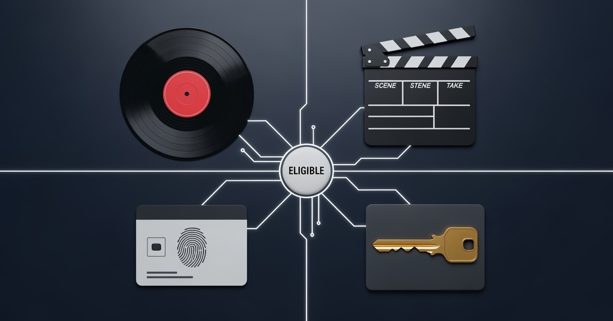 A meticulous flat-lay of music industry objects—vinyl, film slate, and ID card—connected by glowing lines to a central checkmark.