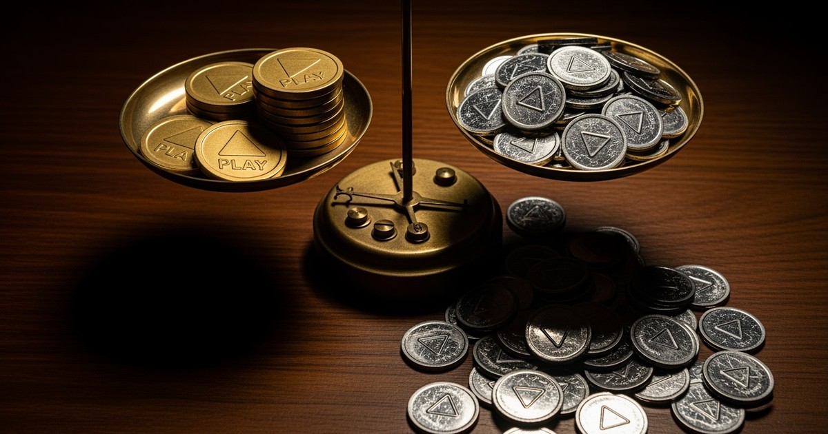 A brass balance scale weighs a small stack of gold 'play button' coins against a massive, spilling pile of dull grey tokens on a dark