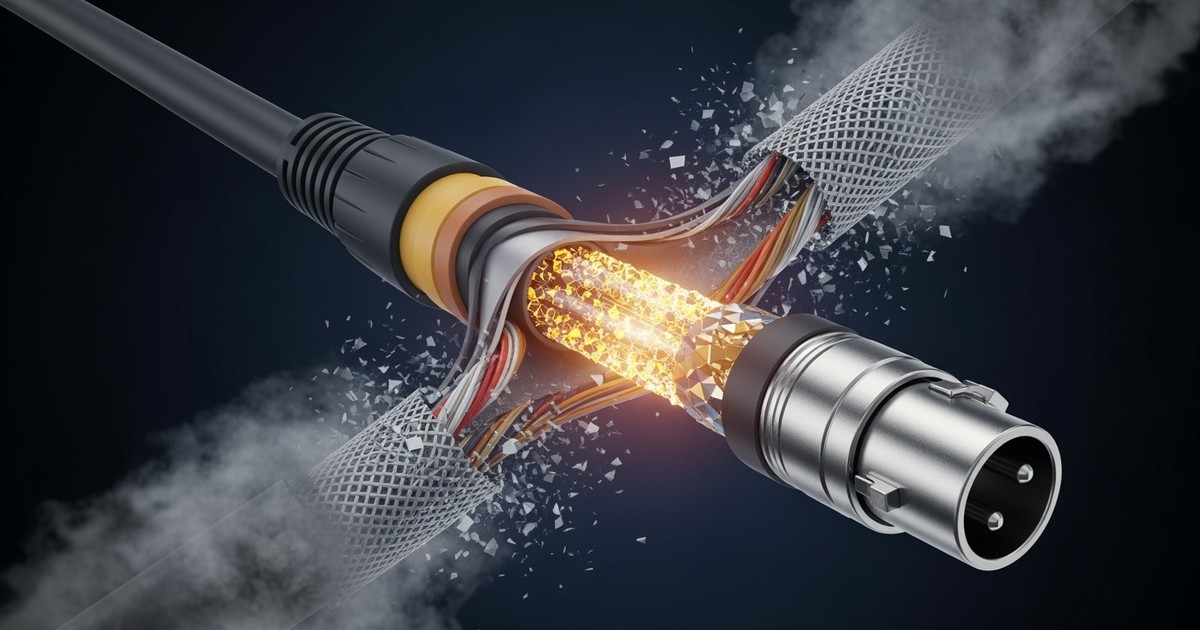 A hyper-realistic cross-section of a professional XLR audio cable revealing a glowing stream of data protected inside, shielding it from