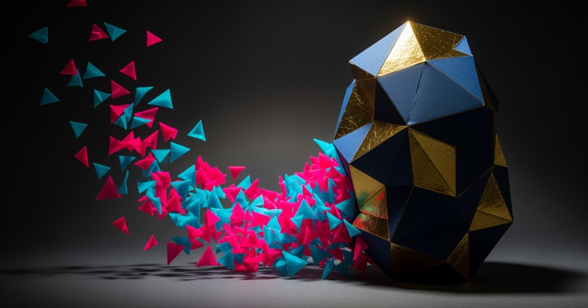 A paper-art installation featuring a heavy, intricate geometric monolith constructed from midnight-blue cardstock with gold leaf edges,