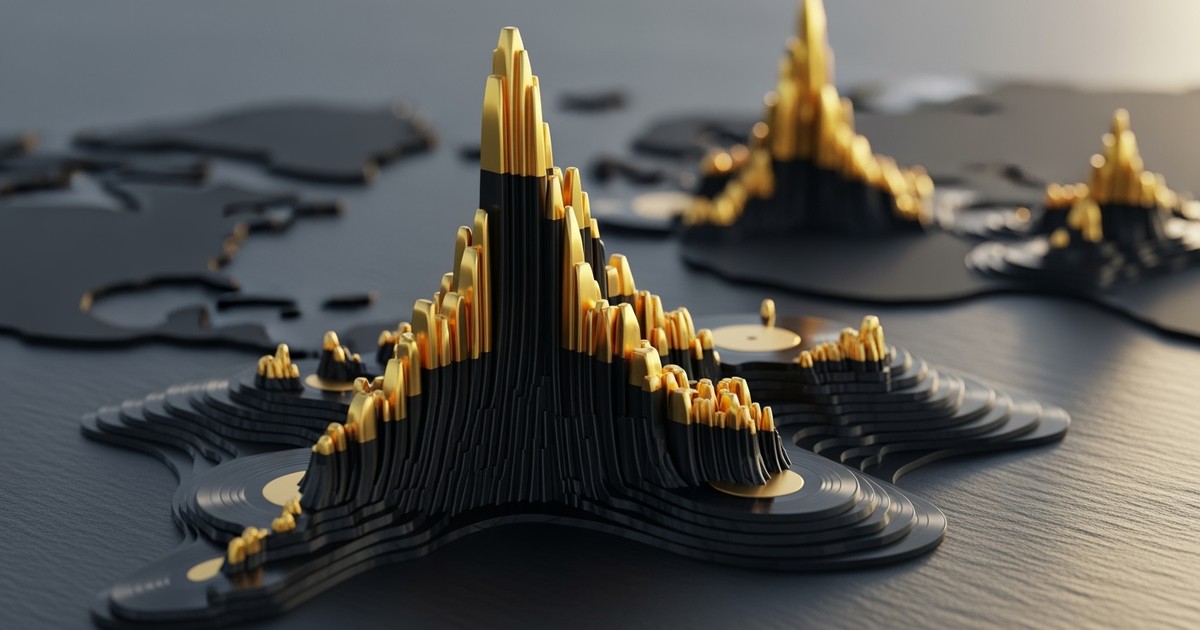 Macro photograph of a topographic map sculpted from black vinyl and gold, featuring a towering peak contrasting with a flat plain.