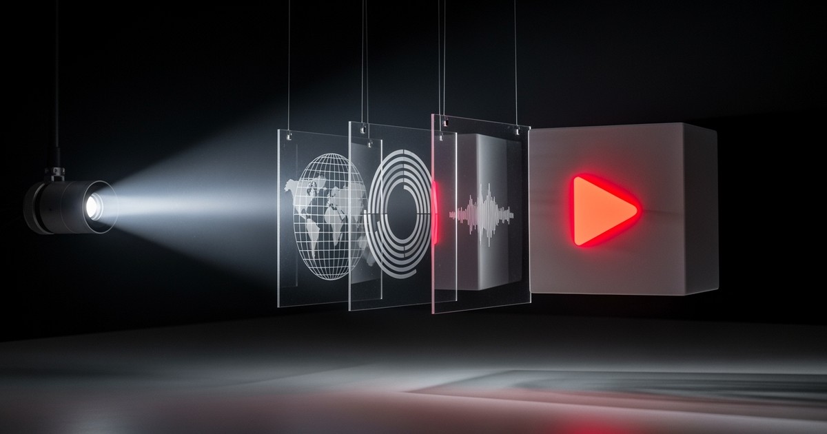 A cinematic studio shot of a focused beam of light passing through suspended glass panes to project a glowing red play icon onto a floating