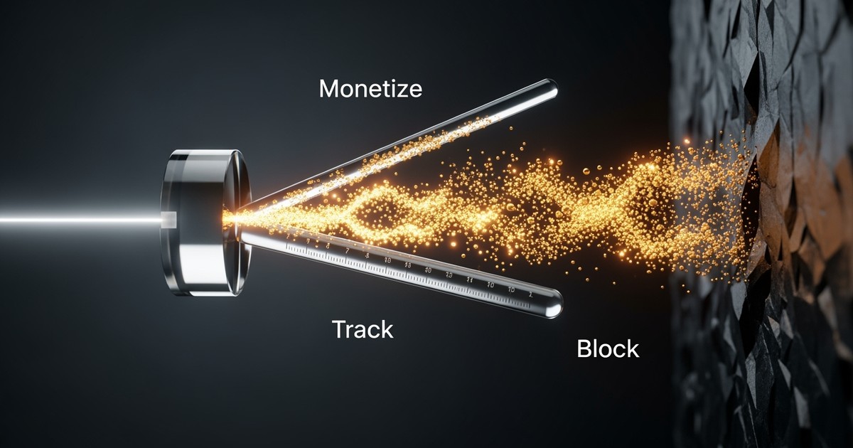 A conceptual macro photograph of a light beam splitting into three paths: a cascading stream of gold particles, a clear glass rod, and a