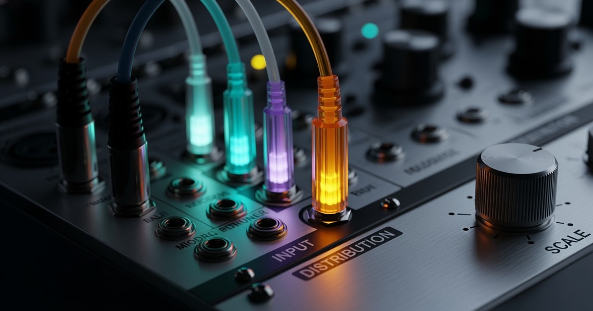 Macro photography of a modular synthesizer panel where glowing fiber-optic cables replace standard patch cords, visualizing signal flow.