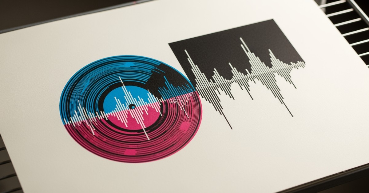 A close-up of a screen-printed poster on textured paper showing a registration error; the cyan and magenta ink layers of a vinyl record