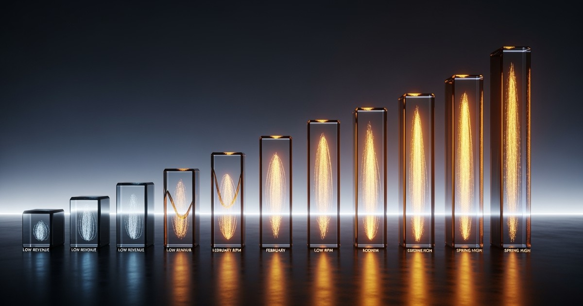 Twelve translucent glass pillars of varying heights arranged like a bar chart on a dark surface, glowing with internal liquid gold
