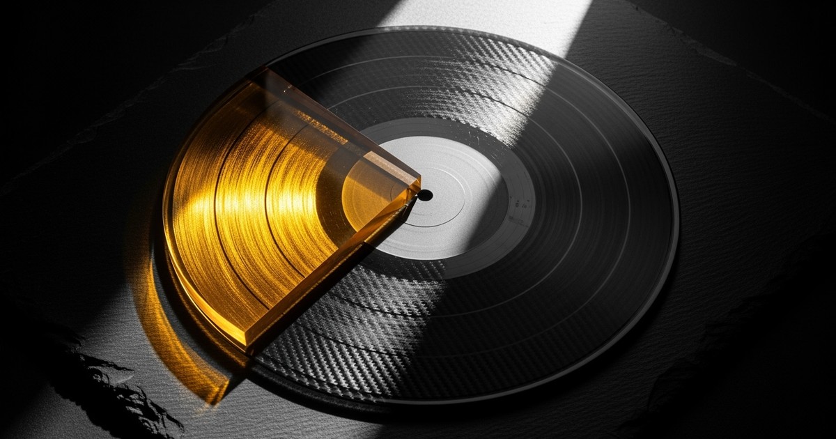 A conceptual studio shot of a vinyl record constructed from two contrasting materials, matte black and translucent gold, resting on dark