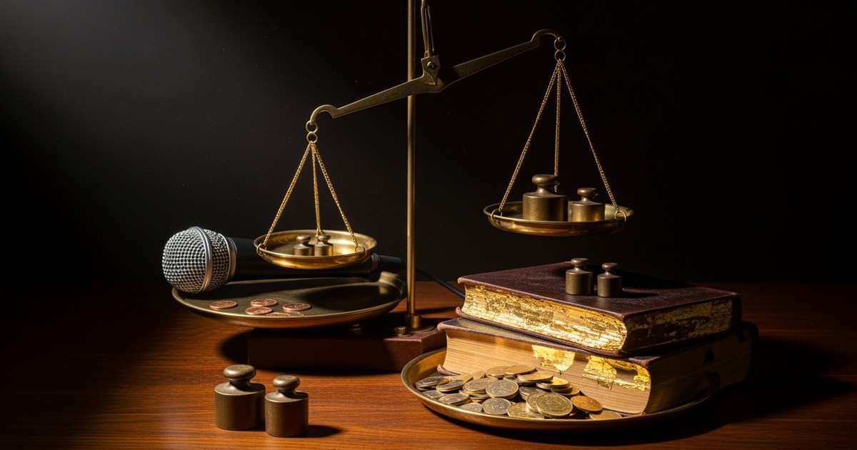 A dramatic still-life of a brass weighing scale; the heavy side holds songbooks and gold coins, while the light side holds a microphone and