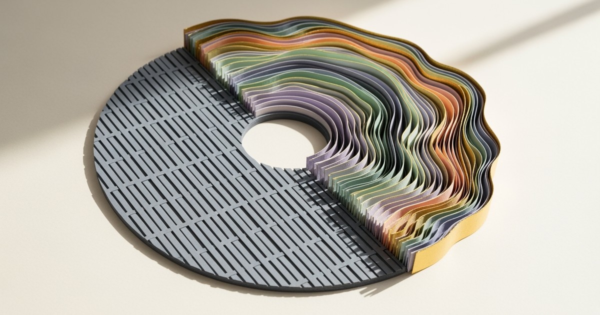 A conceptual papercraft illustration of a vinyl record split in half; the left side is rigid and gray, while the right side blooms into