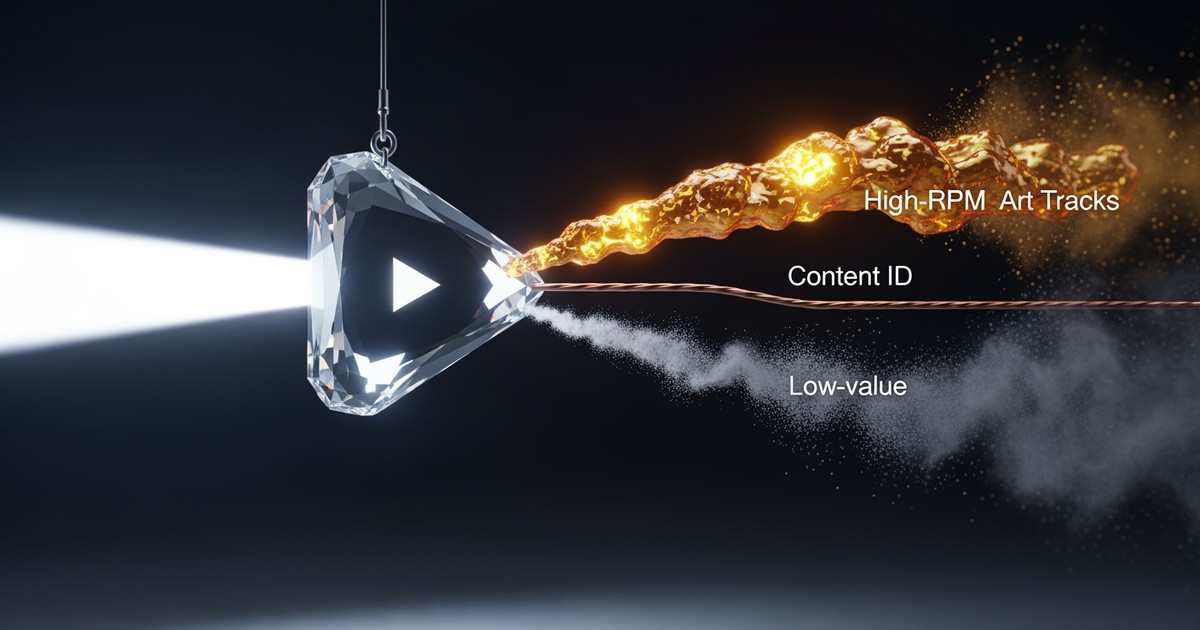 A diamond-like glass prism shaped like a play button refracts a beam of light into streams of molten gold, copper wire, and gray dust.