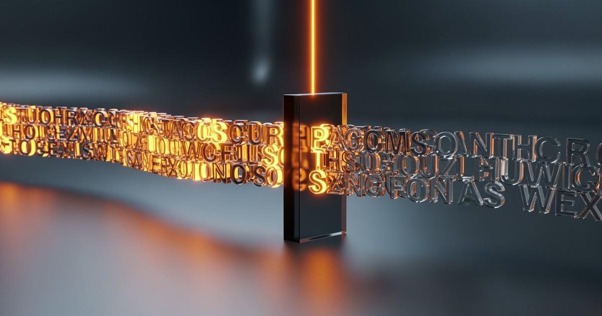 A surreal 3D illustration showing a stream of glowing golden text hitting an obsidian barrier, where the light is extracted upward while
