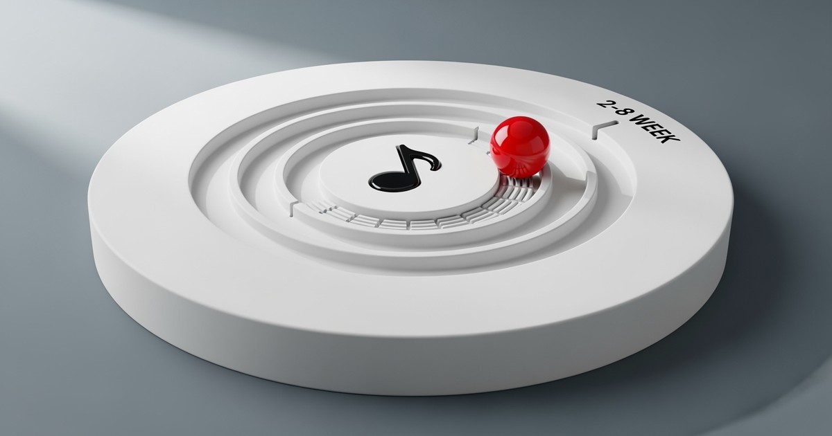 A sleek, matte-white conceptual device featuring a spiral groove with a red sphere rolling toward a central musical note indentation.