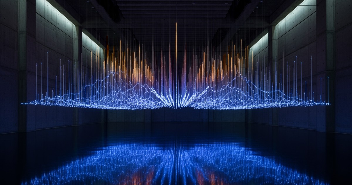 Wide shot of a suspended light installation in a dark gallery, where thousands of hanging acrylic rods glow with data-driven pulses of