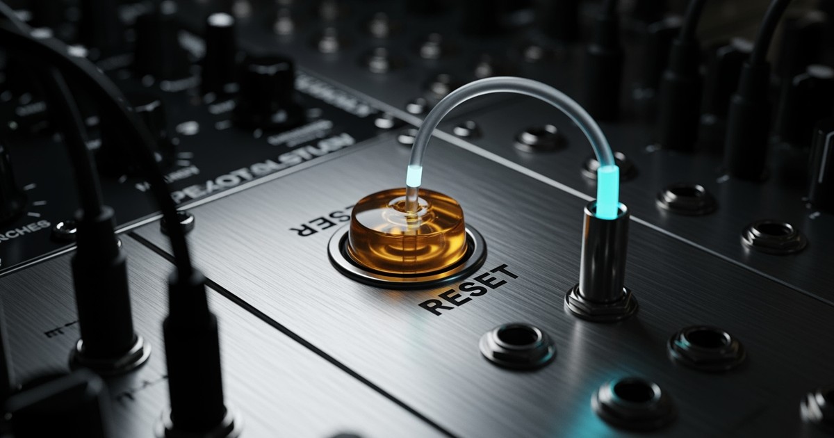 A close-up of a synthesizer patch bay where the 'RESET' port is permanently sealed with resin, while a glowing blue cable bypasses it to