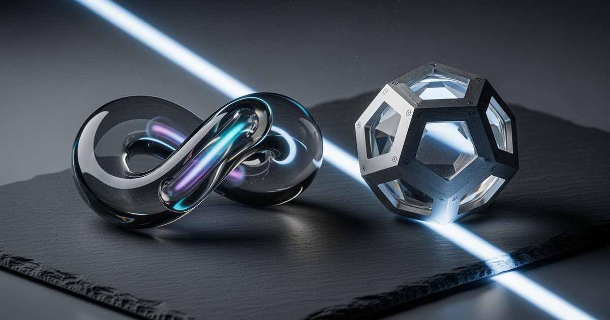 High-end abstract still life featuring a smooth, glowing glass loop next to a sharp, multifaceted aluminum geometric shape on dark slate.