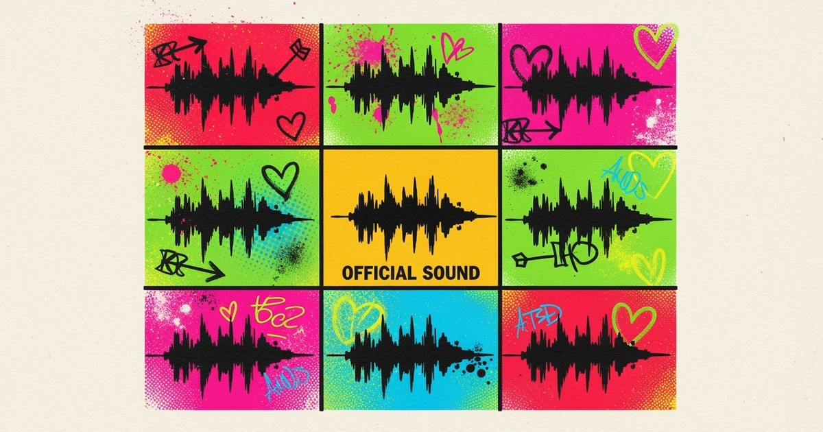 A vibrant 3x3 pop-art grid featuring a central audio waveform that is repeated and artistically remixed in surrounding squares with neon