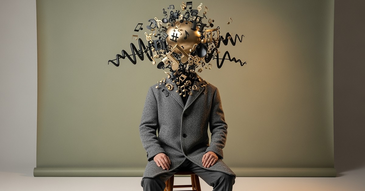 A surreal editorial portrait of a musician in a wool coat, where their head is replaced by a swirling cloud of gold musical notes and