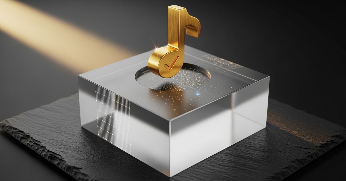 A hyper-realistic 3D illustration of a brushed gold musical note hovering just above a matching slot in a frosted glass block, symbolizing