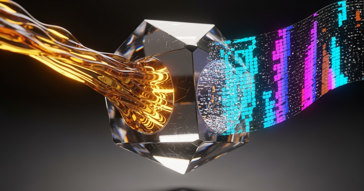 A glowing stream of liquid gold flows into a faceted glass prism and emerges as a vertical, iridescent holographic ribbon in a dark studio