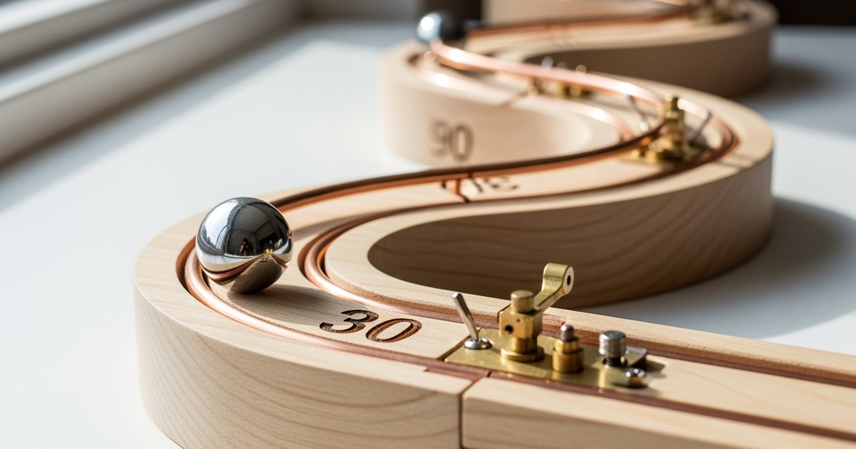 Macro photograph of a minimalist wooden kinetic sculpture where a silver sphere travels along copper rails past markers labeled 30, 60, and