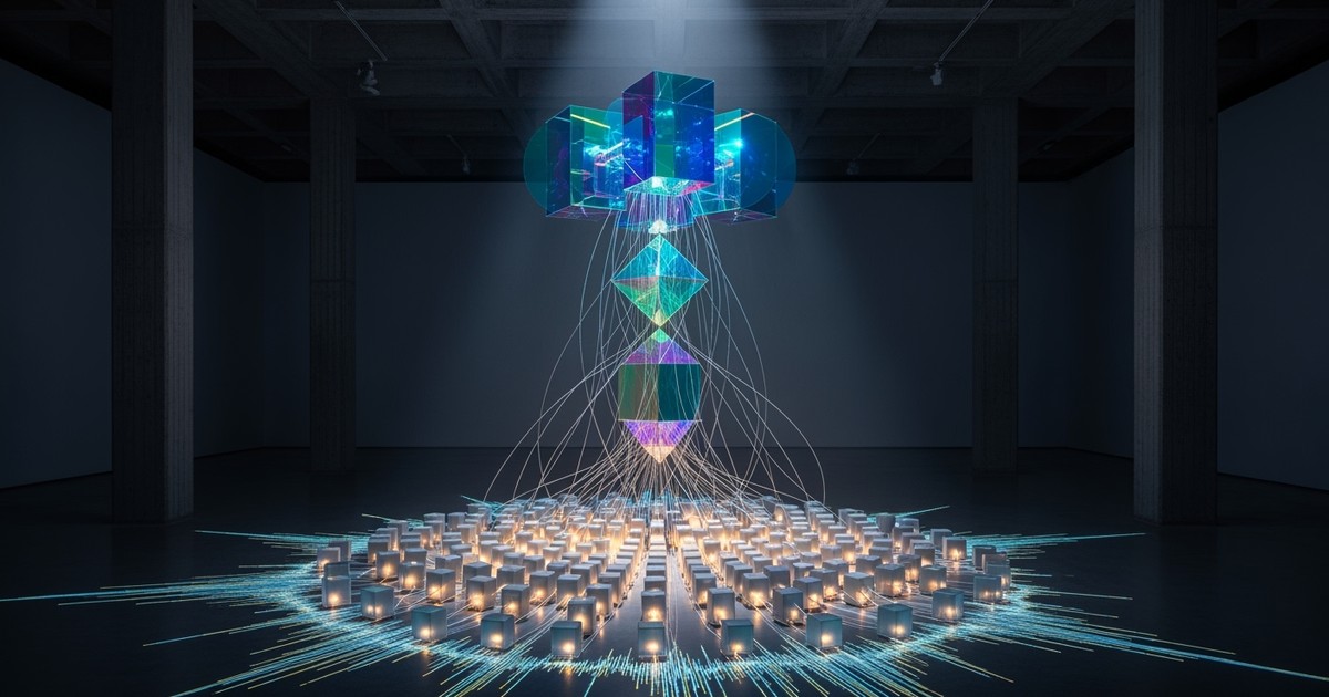A contemporary light sculpture featuring ascending tiers of glowing dichroic glass blocks, representing the hierarchy of TikTok creator
