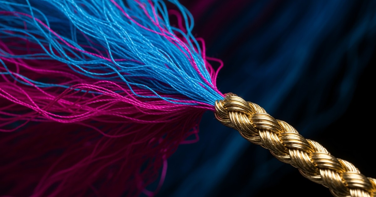 Macro photograph of loose electric blue and neon pink threads being tightly woven into a single, strong golden rope against a dark
