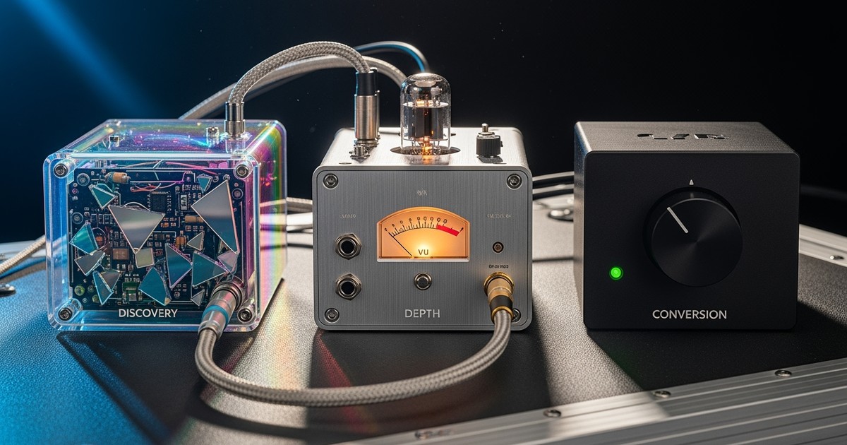 A sequence of three custom-built audio effect pedals wired together on a pedalboard, representing the stages of a music marketing funnel.