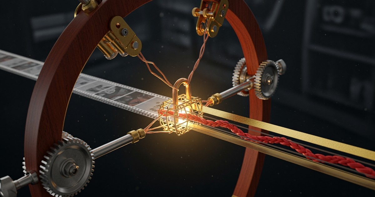 A surreal loom made of musical instrument parts weaves film strips, copper wire, and gold ribbon into a strong tapestry under dramatic