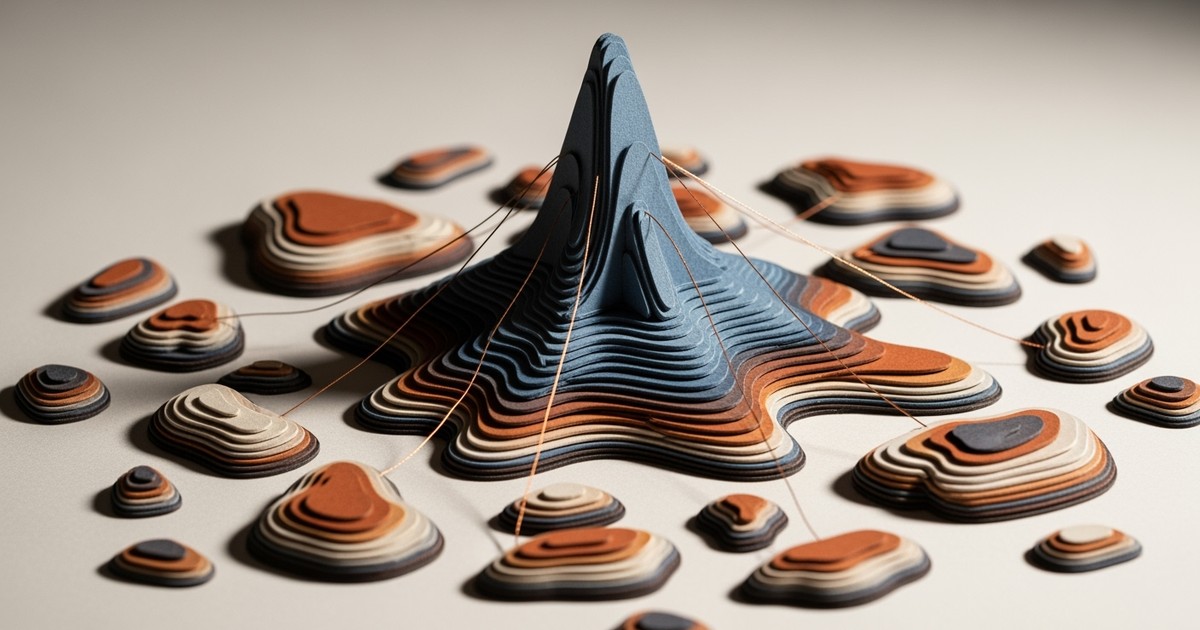 A topographic paper sculpture with a central peak connected to smaller islands by copper threads, visualizing music data reach.
