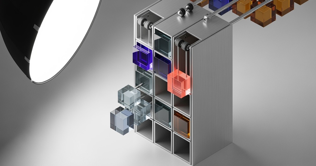 A minimalist 3D kinetic sculpture of a sleek sorting mechanism sliding glowing acrylic squares into a neat grid, symbolizing digital album