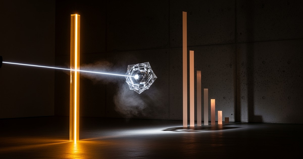 A cinematic light installation where a glass prism splits a beam into vertical bars of light ranging from blinding gold to faint copper.