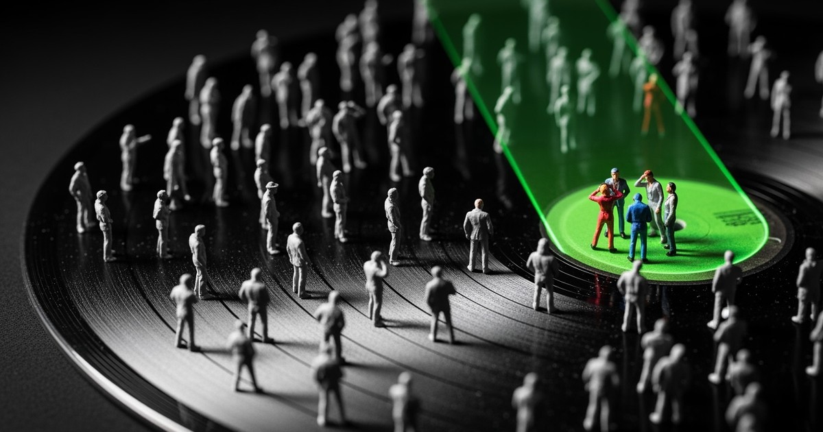 Macro tilt-shift photo of a vinyl record surface populated by tiny model figures; a bright green radar light illuminates a small dancing