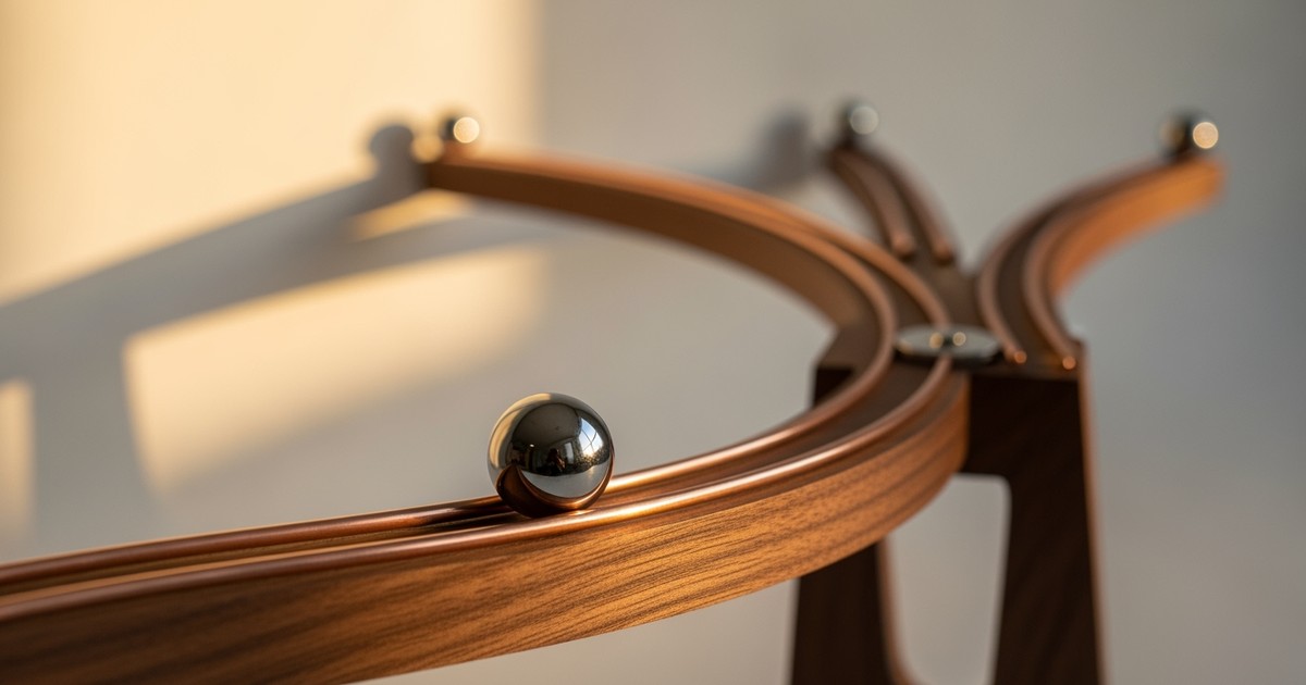 Close-up macro photograph of a handcrafted wooden kinetic sculpture where a silver sphere glides along copper rails, symbolizing a smooth
