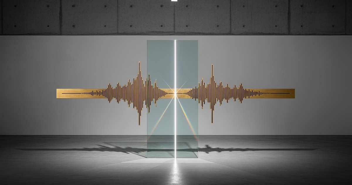 A minimalist 3D sculpture featuring a brass soundwave beam piercing a glass pane in a concrete gallery, symbolizing the intersection of