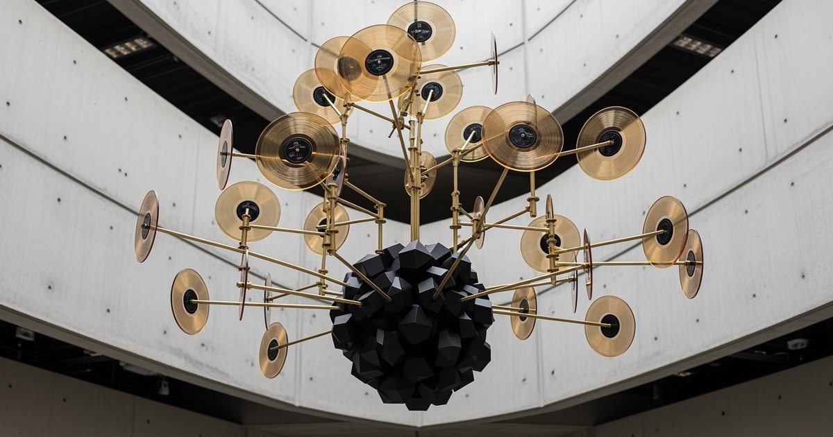 A monumental kinetic sculpture suspended in a concrete gallery, featuring a central black hub branching into golden arms that hold