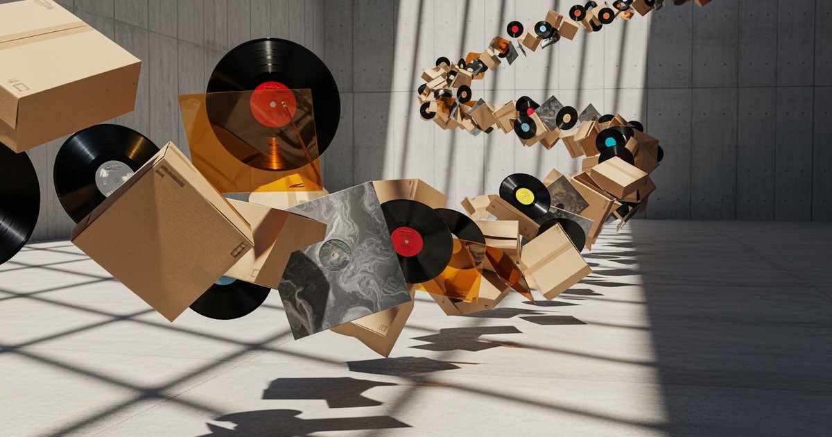 A surreal, kinetic installation of vinyl records and cardboard shipping mailers floating in a winding stream through a sunlit concrete