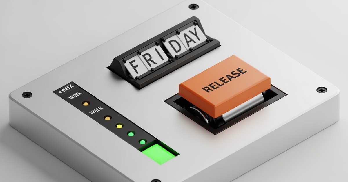 Close-up of a retro-futuristic control panel with a mechanical button labeled RELEASE and a flip-clock display reading FRIDAY.