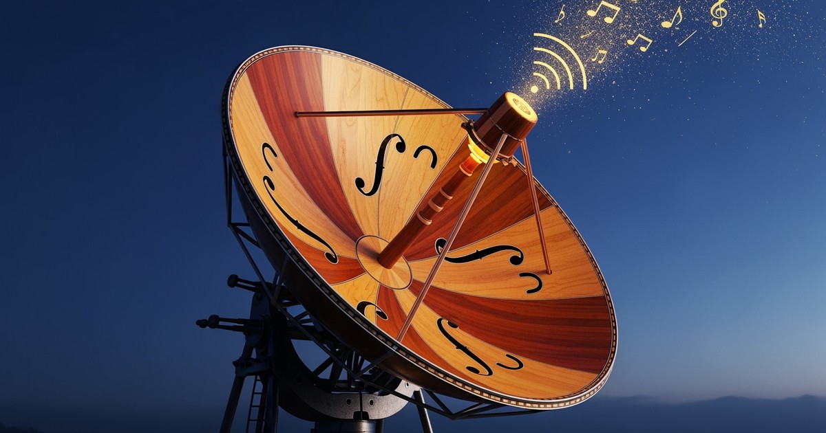 A large parabolic satellite dish, beautifully crafted from varnished violin wood with f-hole cutouts, sits on a misty hilltop at twilight