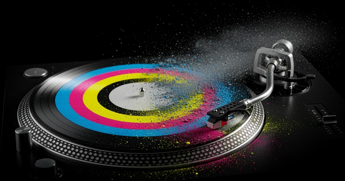 A turntable spinning a record made of vibrant colored powder that is disintegrating into dust in the wind, symbolizing music removal.