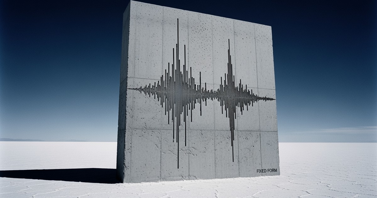 A massive concrete monolith with a detailed audio waveform carved deep into its surface, standing alone in a bright, sunlit salt flat.