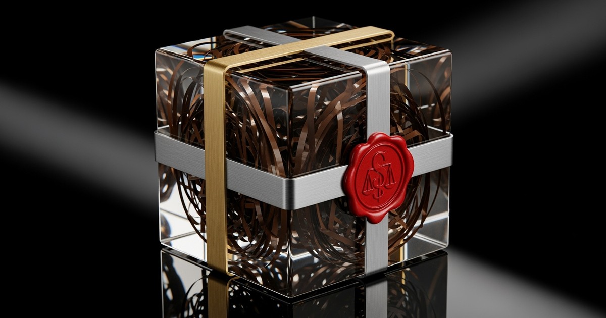 A tangle of magnetic audio tape trapped inside a glass cube secured by gold and silver straps with a red wax seal, symbolizing sample