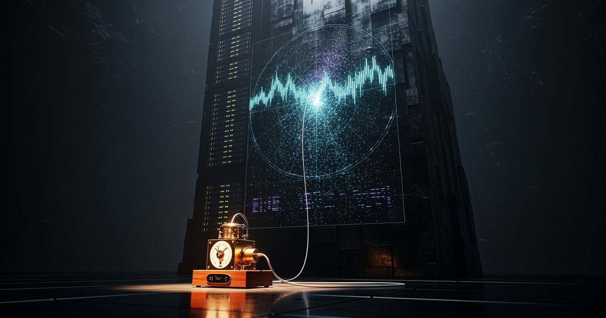 A tiny, delicate brass music box sits connected to a colossal, towering server monolith that projects a vast map of glowing constellations
